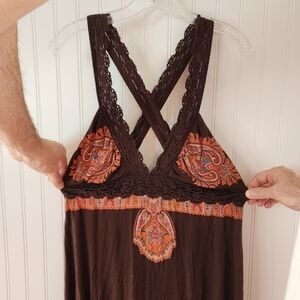 Free People espresso cotton criss cross straps w/ paisley print.